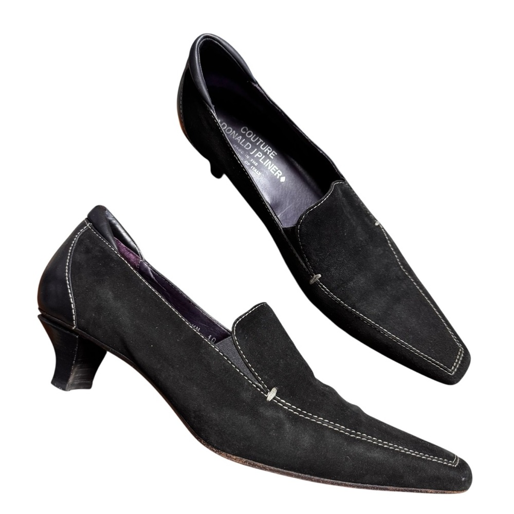 Donald Pliner Couture Black Suede Leather High Vamp Pumps Size 10 Snip Toe Retro